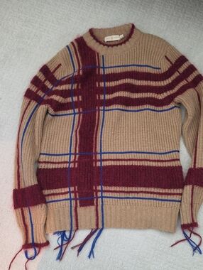 Tory Burch Womens Beige Plaid Crewneck Sweater with Burgundy & Blue Stripes